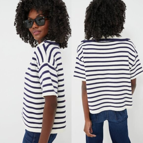 Tuckernuck NEW Ivory and Navy Stripe Claire Nautical Polo Crop Sweater Size L - Picture 2 of 10
